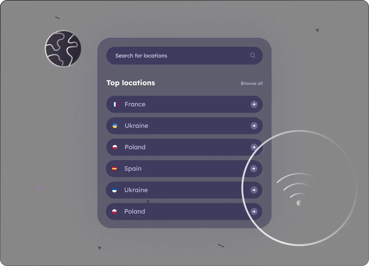Mysterium VPN server location menu showing top country options including France, Ukraine, Poland, and Spain, with a dark interface and globe and Wi-Fi icons.